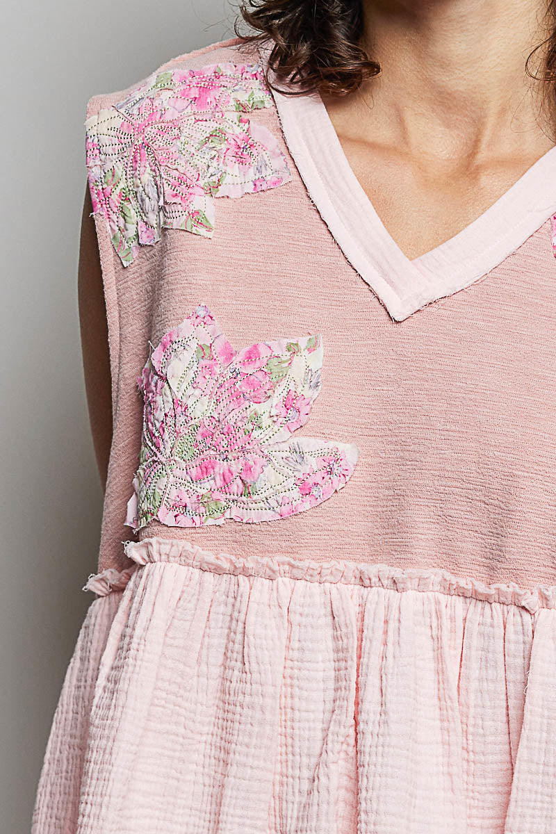 POL Floral Patch Ruffled Sleeveless Top with Raw Edge Detail in Pink