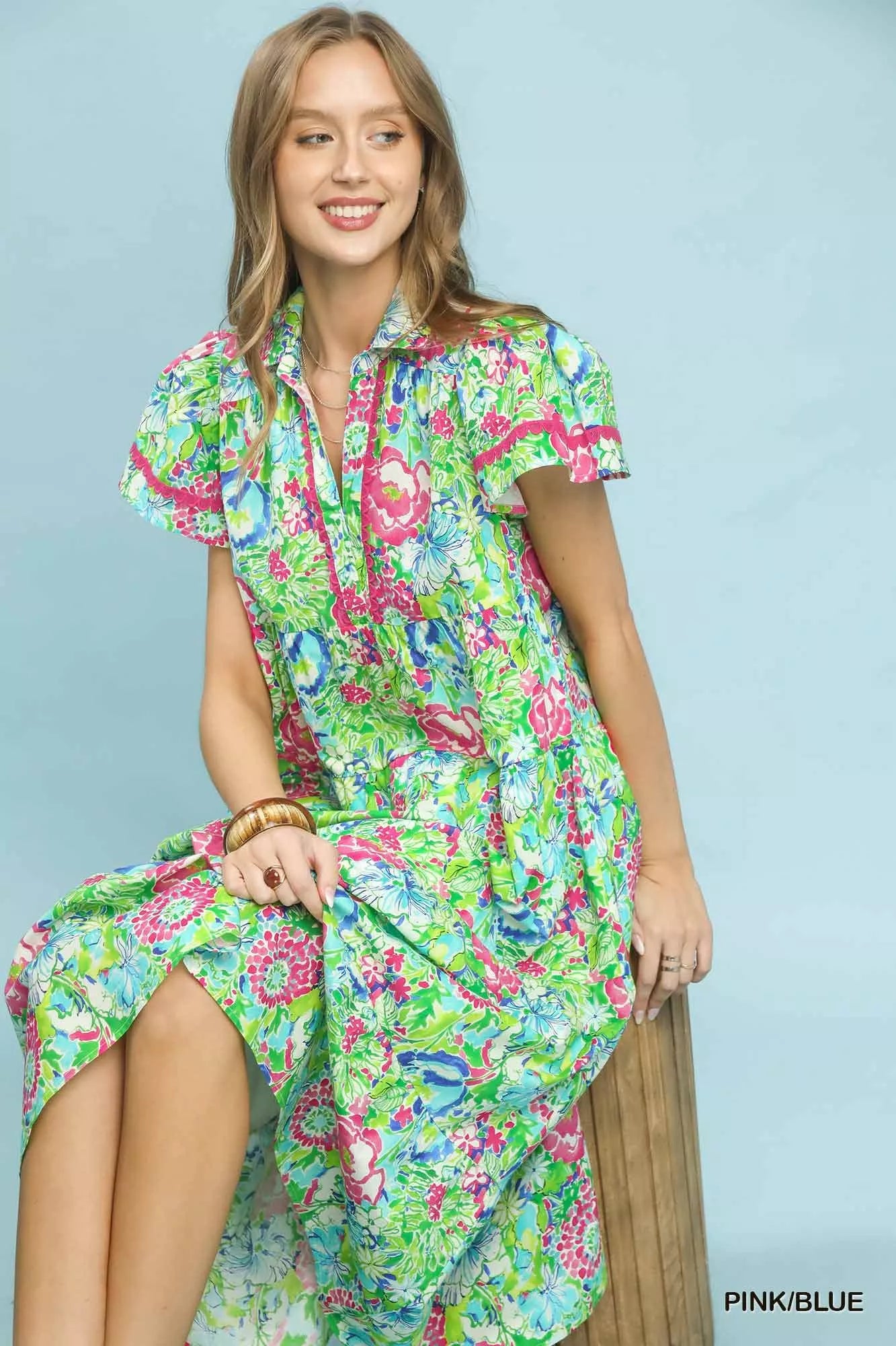 Umgee Bold Mixed Floral Tiered Midi Dress in Pink/Blue