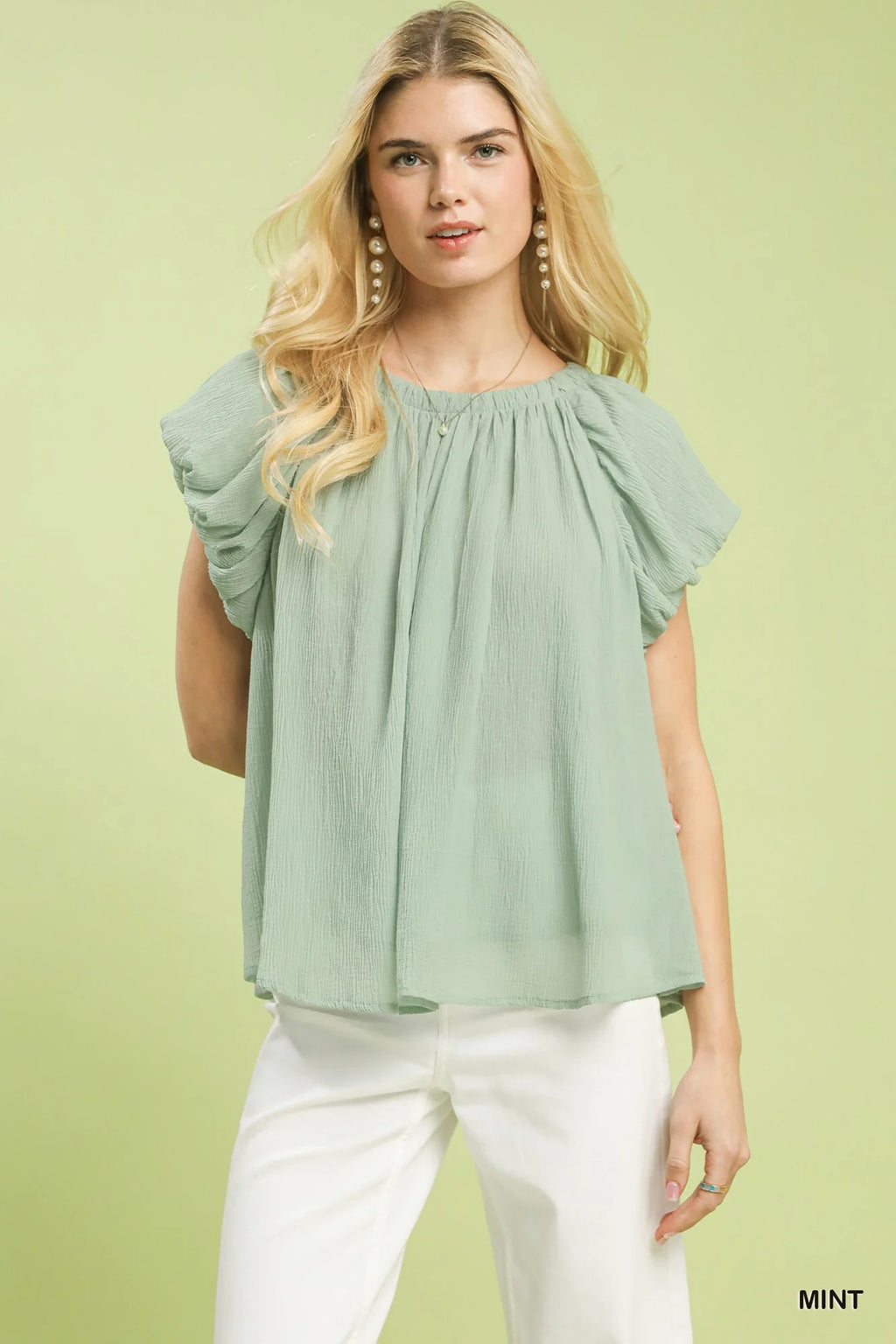 Umgee Crinkle Flutter Sleeve Peasant Top in Mint