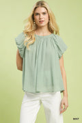 Umgee Crinkle Flutter Sleeve Peasant Top in Mint