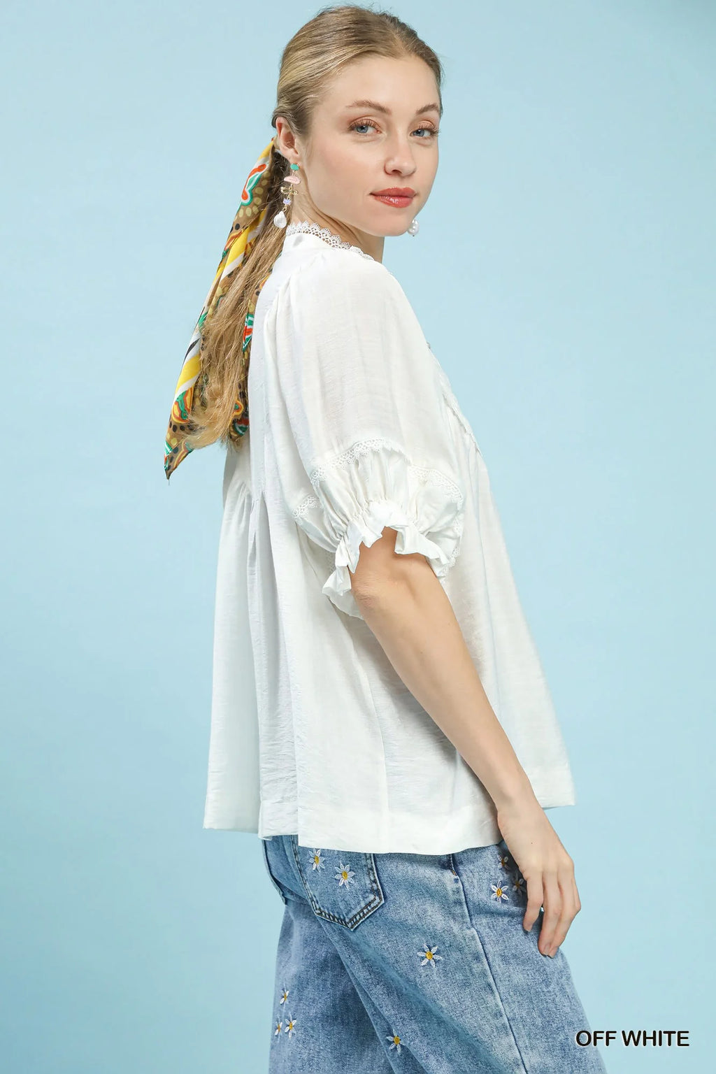 Umgee Smocked Yoke Blouse with Ruffle Sleeves in Off White