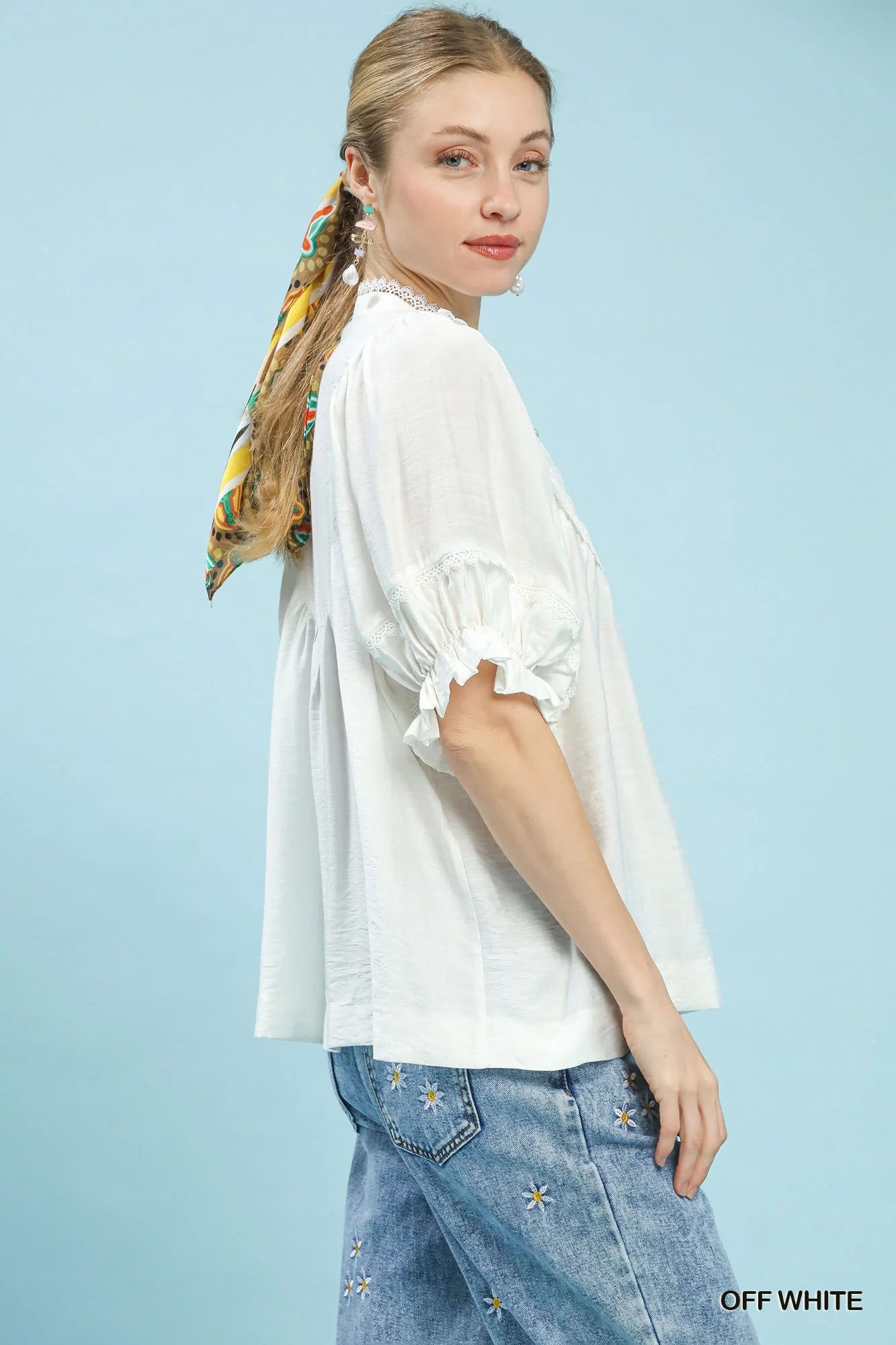Umgee Smocked Yoke Blouse with Ruffle Sleeves in Off White