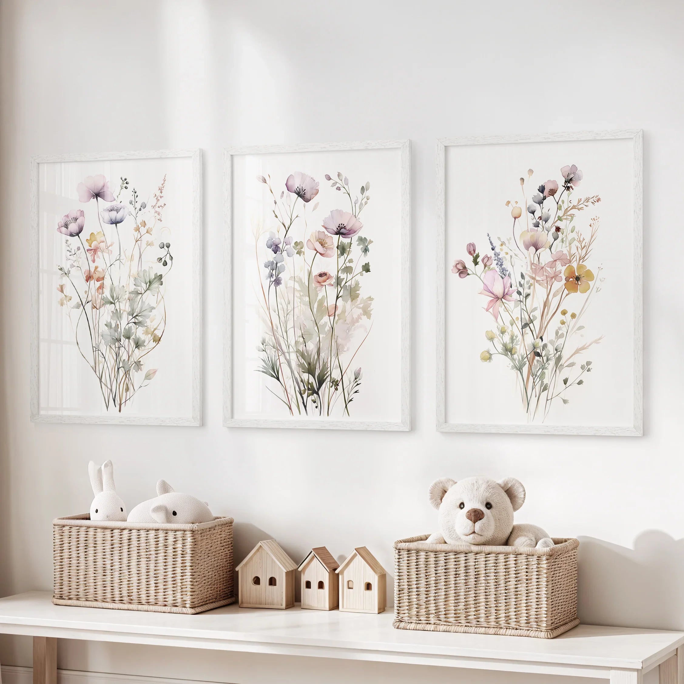 Floral Watercolor Wall Decor. Elegant Garden Set of 3 Prints