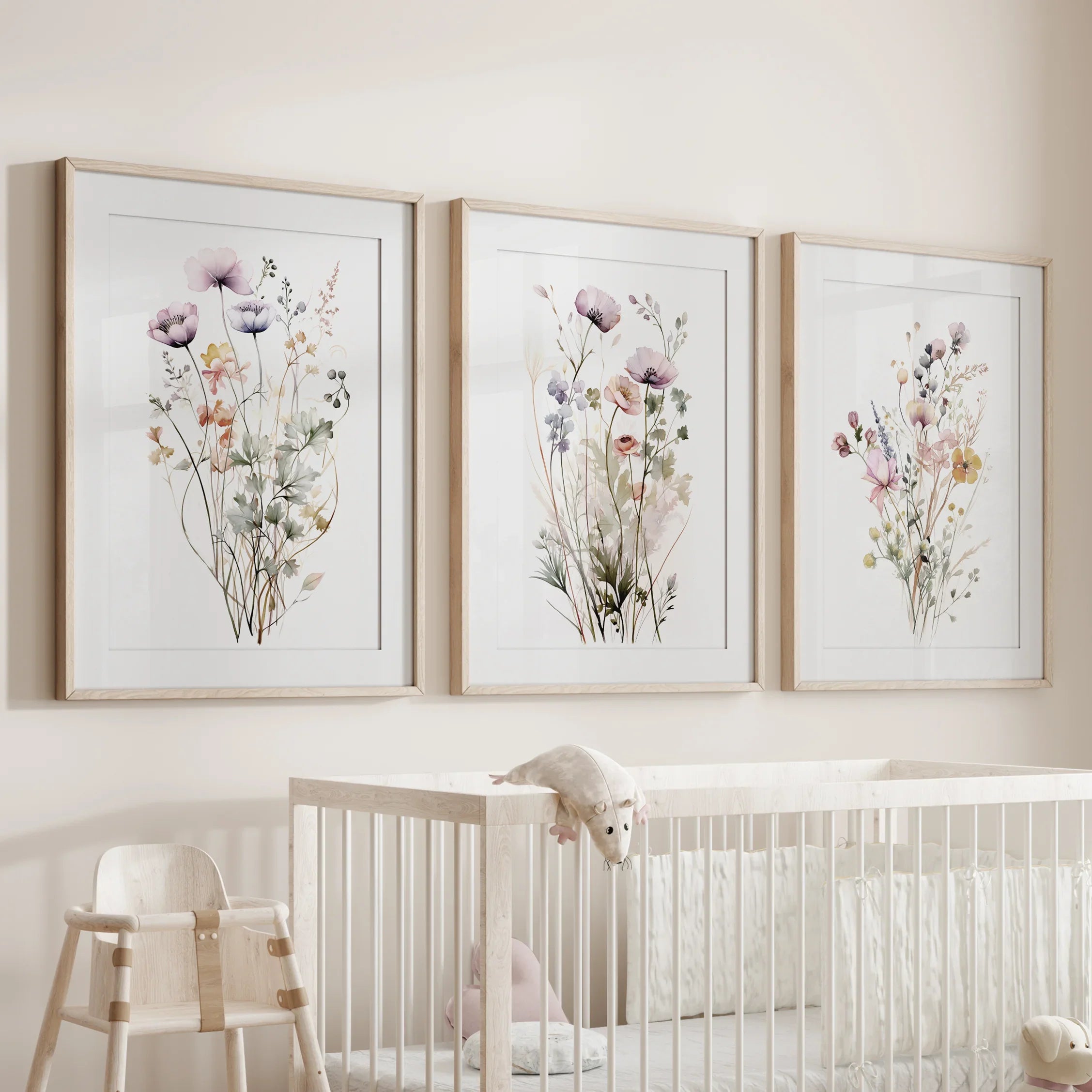 Floral Watercolor Wall Decor. Elegant Garden Set of 3 Prints