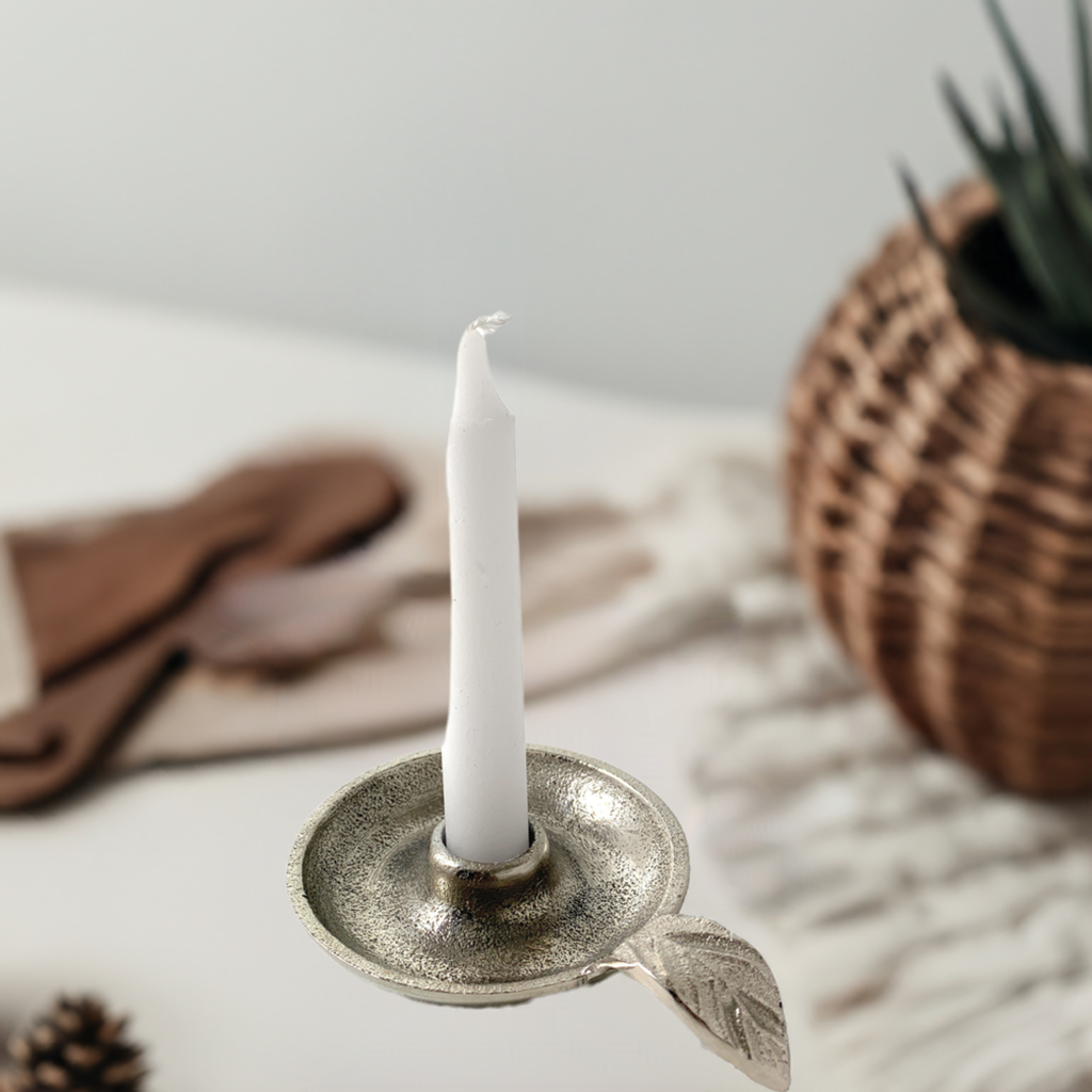 Vibhsa Aluminum Taper Candle Holder – Silver Finish, Leaf Handle
