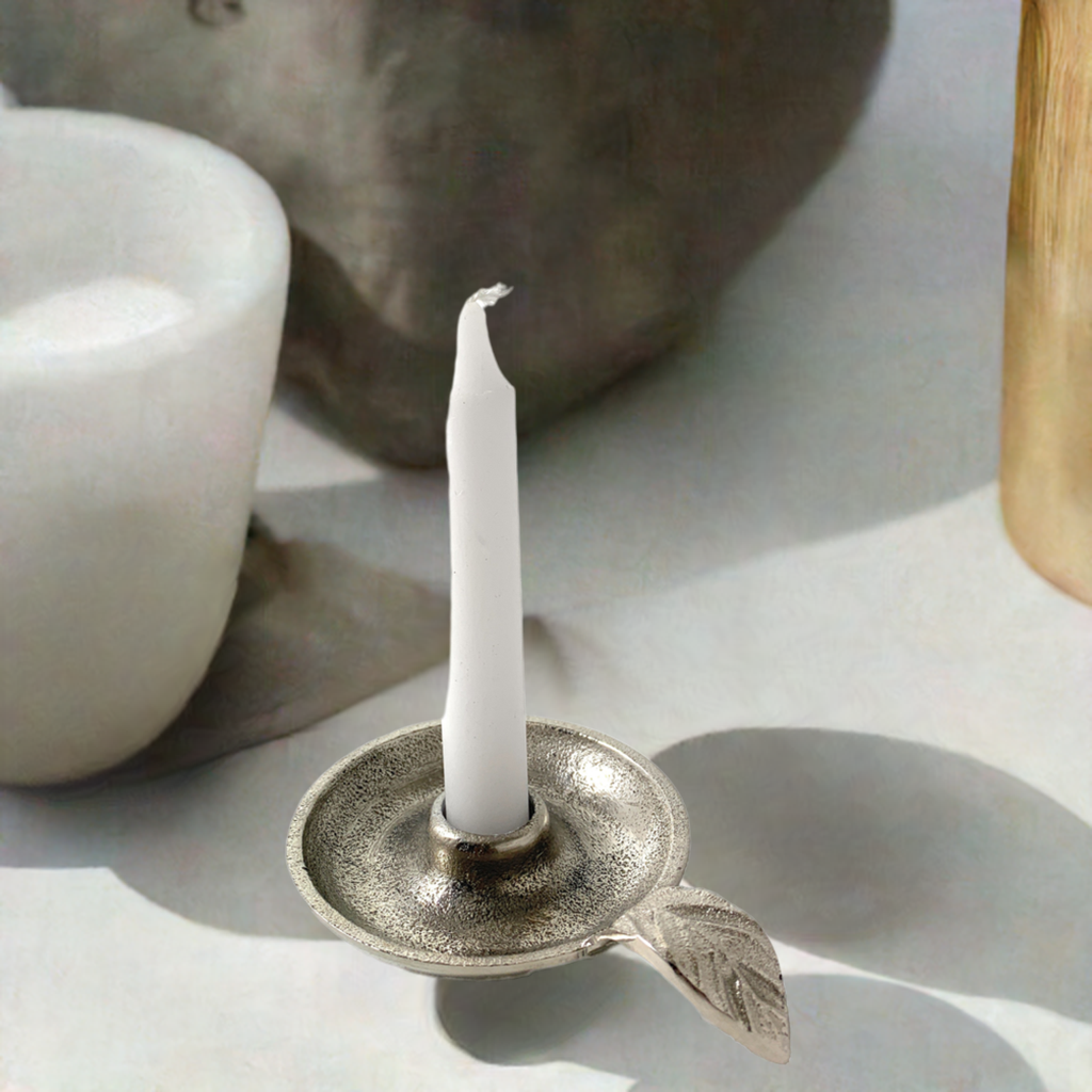 Vibhsa Aluminum Taper Candle Holder – Silver Finish, Leaf Handle