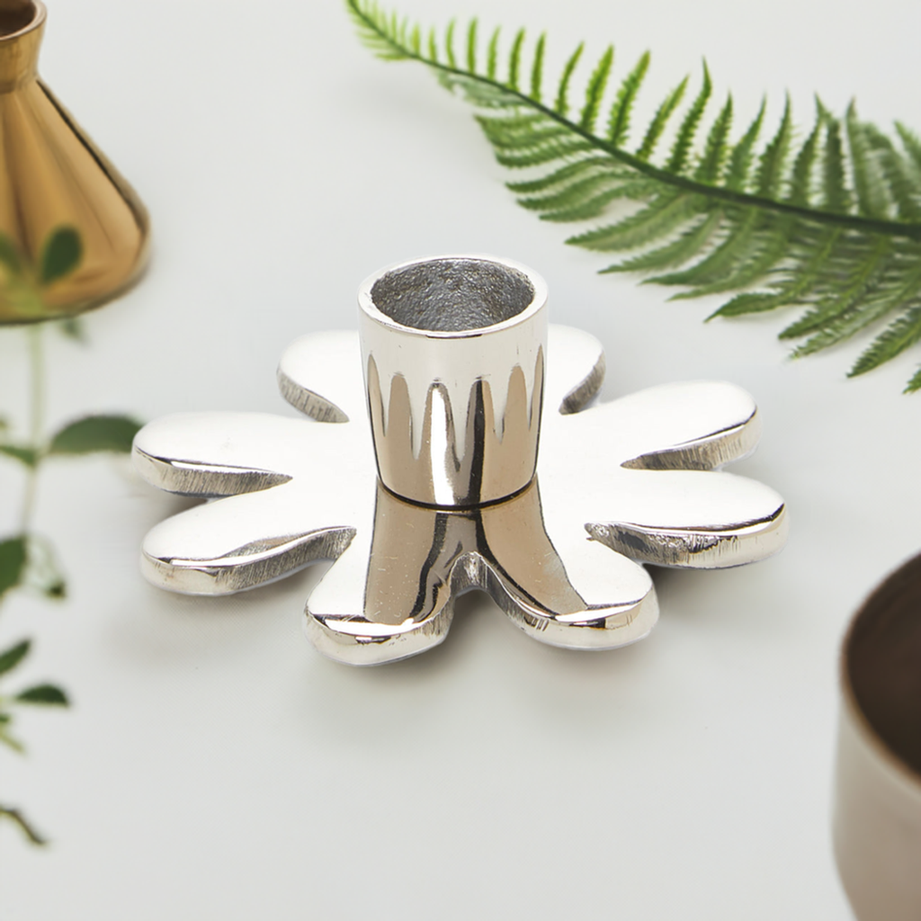 Vibhsa Silver Flower Aluminum Candle Holder – 4 in