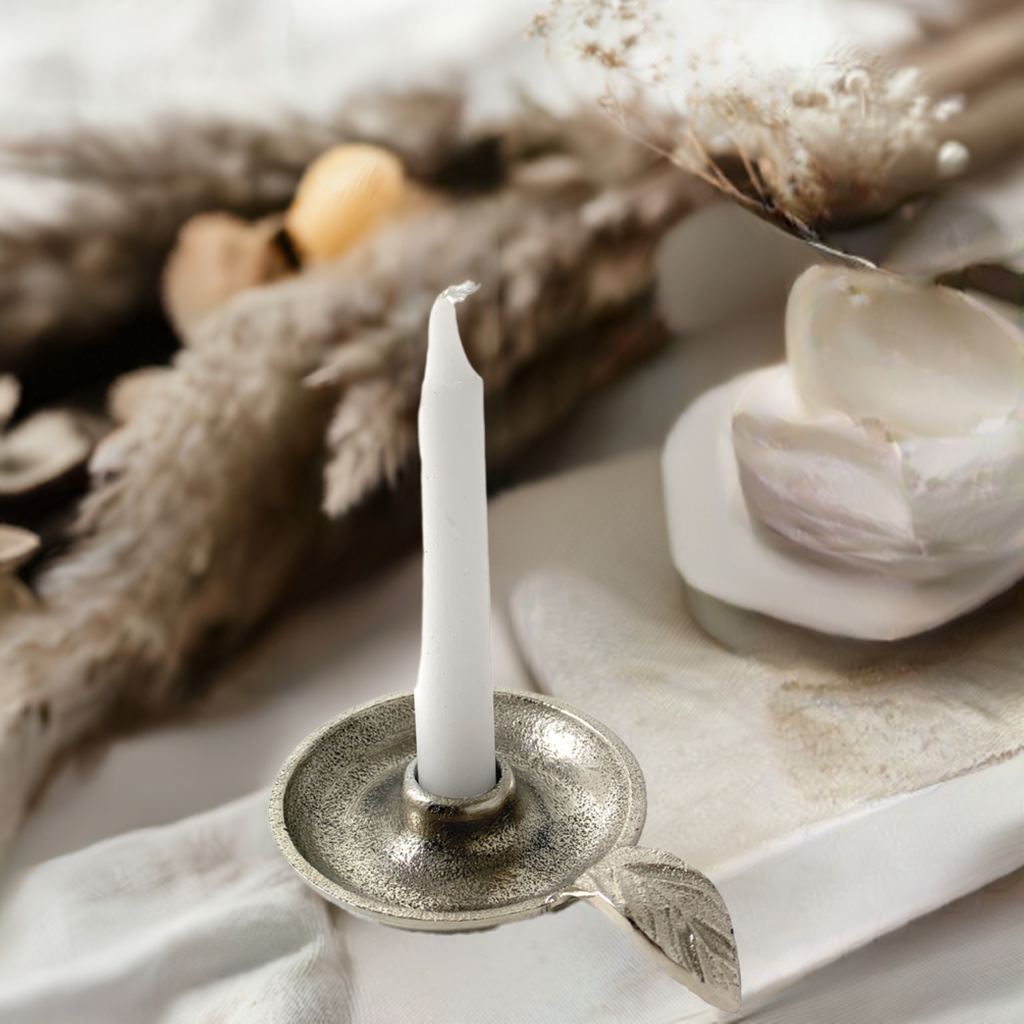 Vibhsa Aluminum Taper Candle Holder – Silver Finish, Leaf Handle