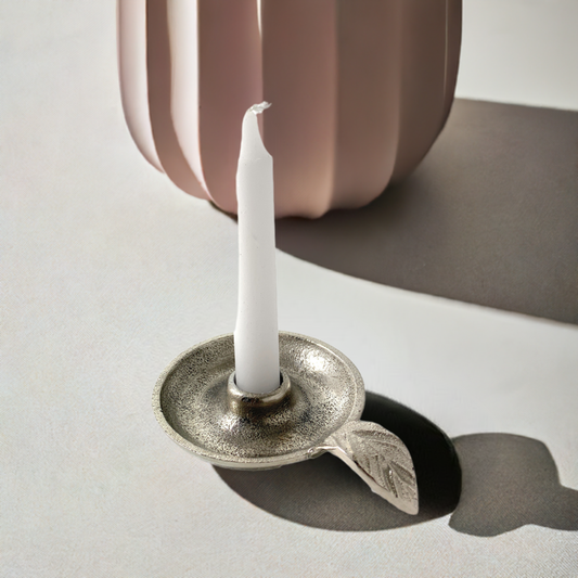 Vibhsa Aluminum Taper Candle Holder – Silver Finish, Leaf Handle