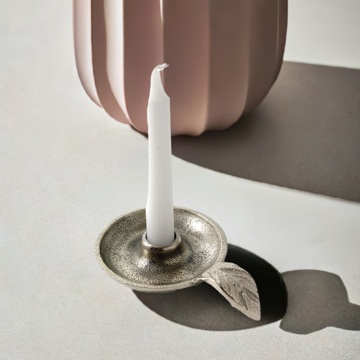 Vibhsa Aluminum Taper Candle Holder – Silver Finish, Leaf Handle