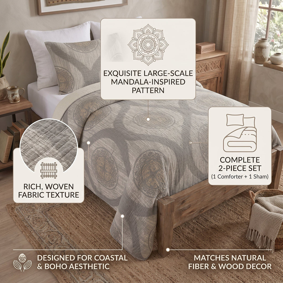 DaDa Rustic Grey Medallion Reversible Bedspread Set