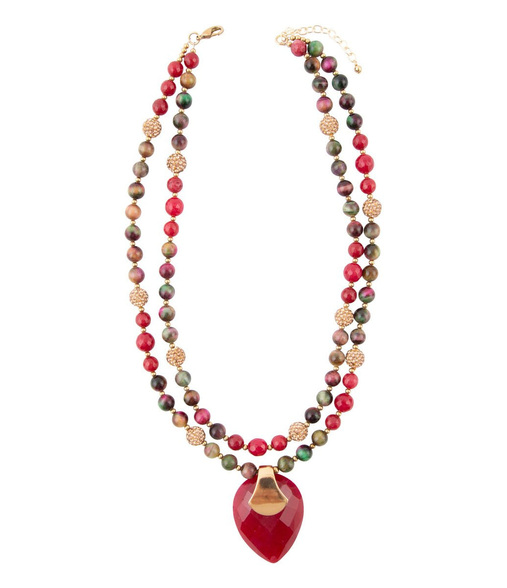 Jeweled Multi-Color Tiger's Eye and Raspberry Quartz Pendant Golden Necklace