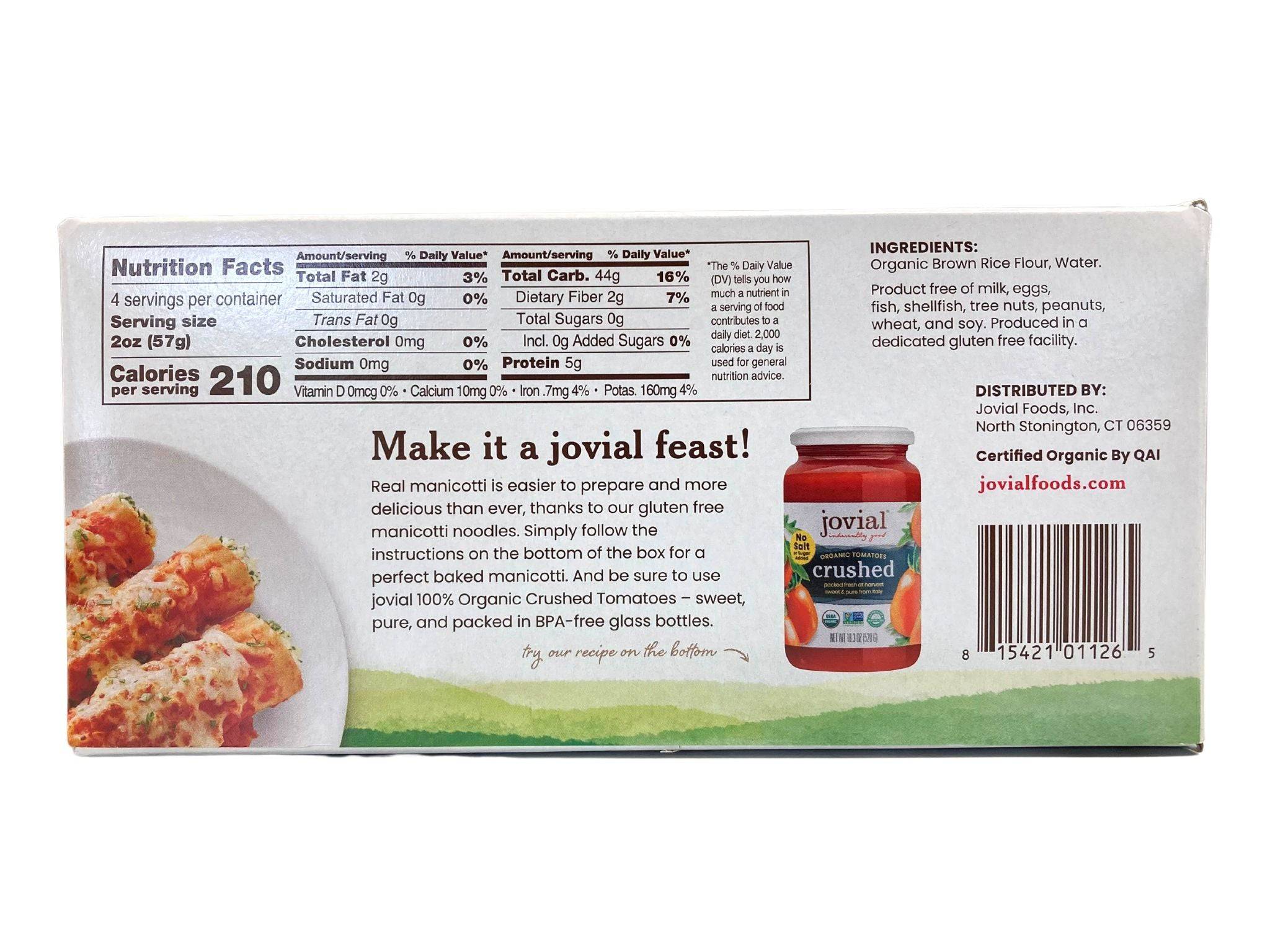 Manicotti, Brown Rice, Organic, Jovial, Gluten-Free