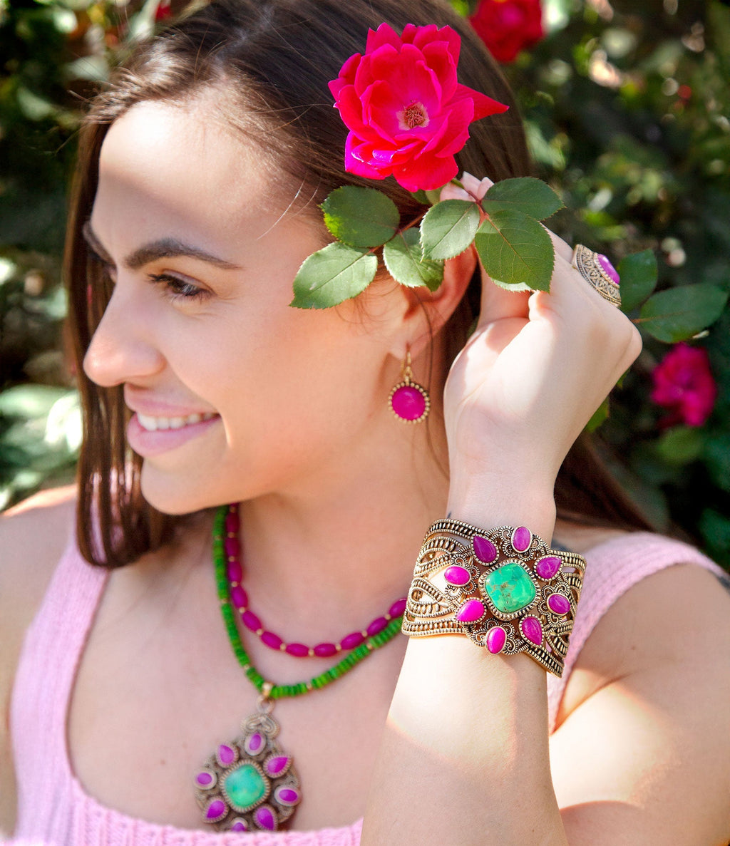 Madeira Lime and Pink Agate Statement Golden Cuff Bracelet