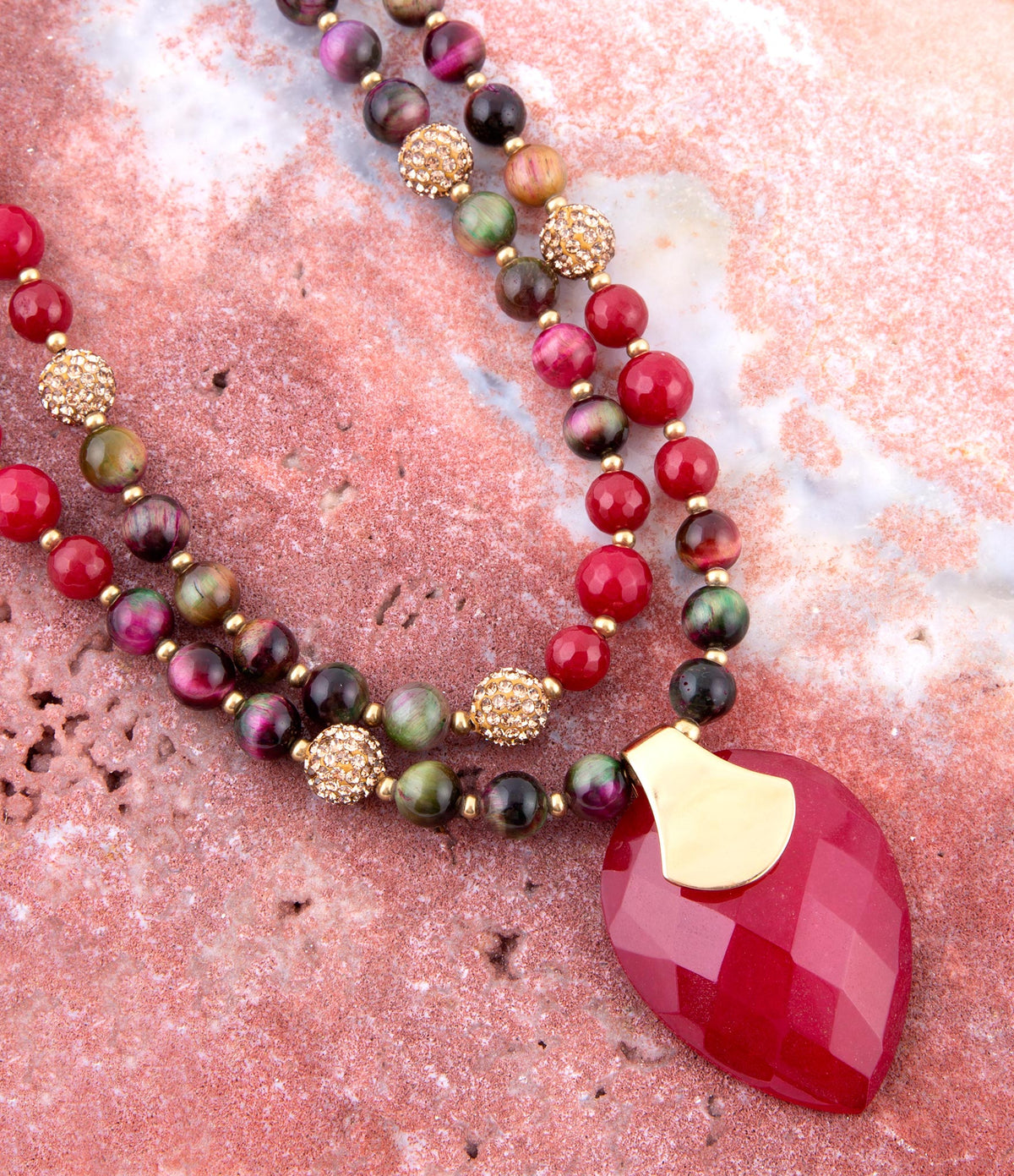 Jeweled Multi-Color Tiger's Eye and Raspberry Quartz Pendant Golden Necklace