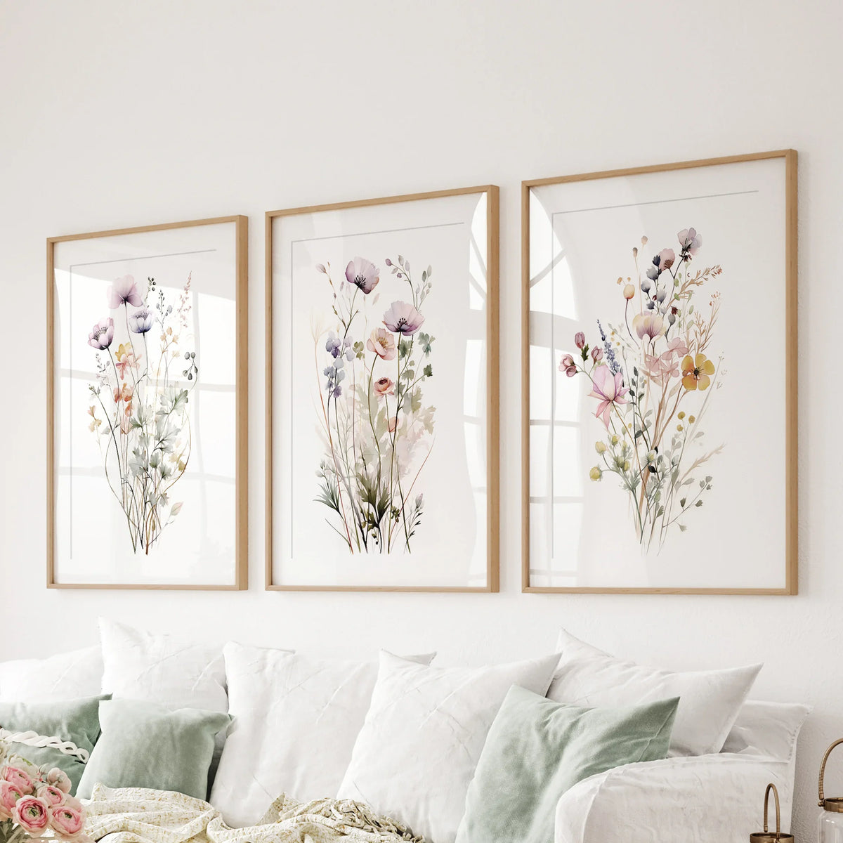 Floral Watercolor Wall Decor. Elegant Garden Set of 3 Prints