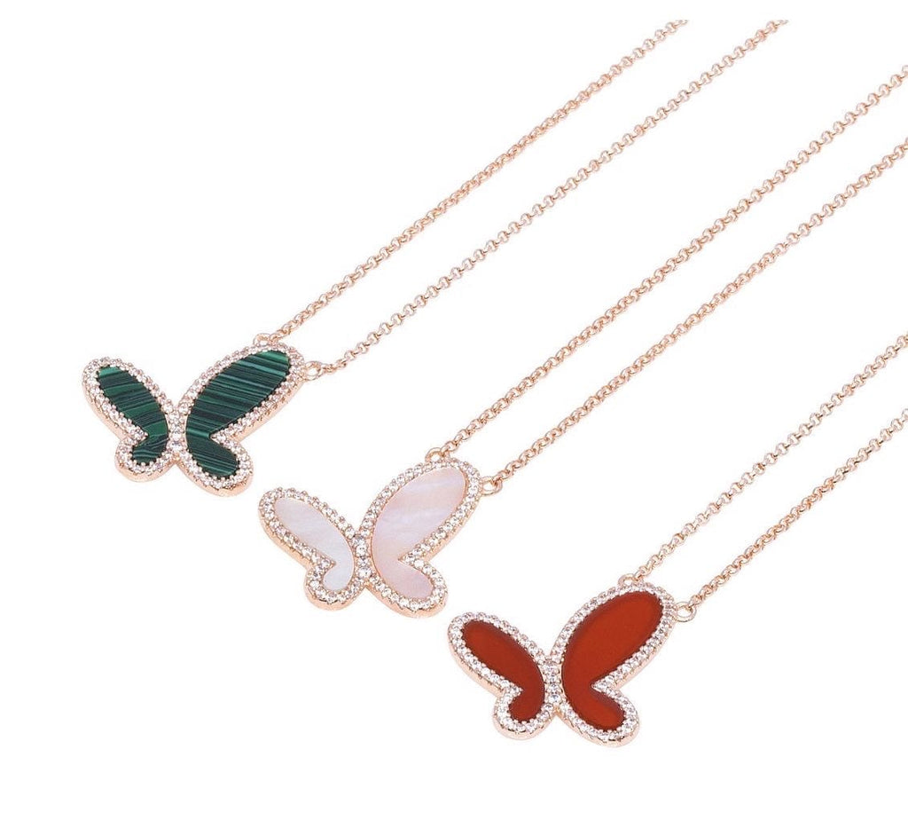 Green Malachite w/ 18k Gold & Cubic Zirconia Butterfly Necklace Jewelry
