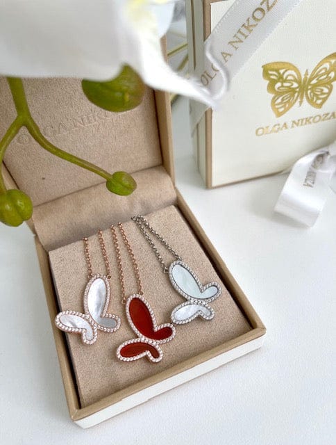 Silver Mother of Perl & Cubic Zirconia Butterfly Necklace Jewelry