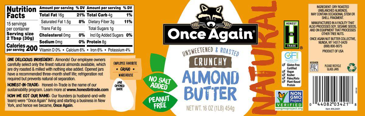 Almond Butter, Crunchy, No Salt