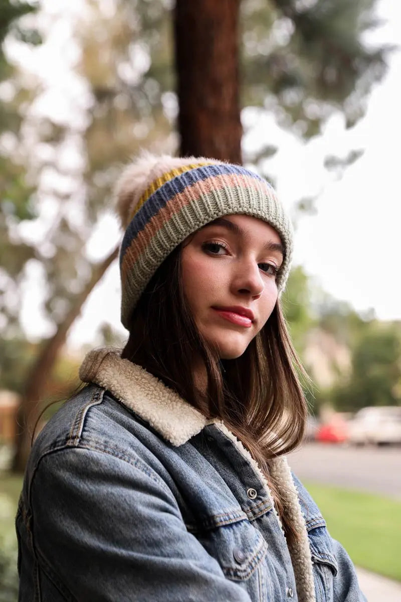 Pastel Stripe Knit Pom Beanie