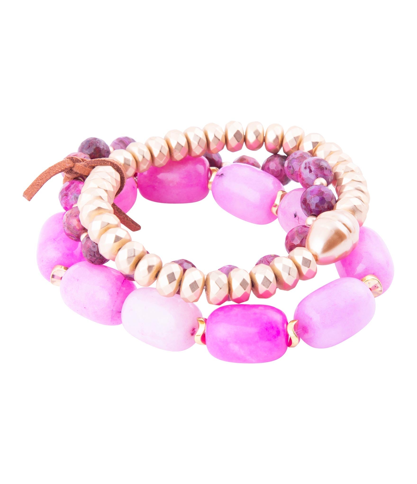 Peony Fuchsia Pink Jade Golden Stretch Bracelet Set