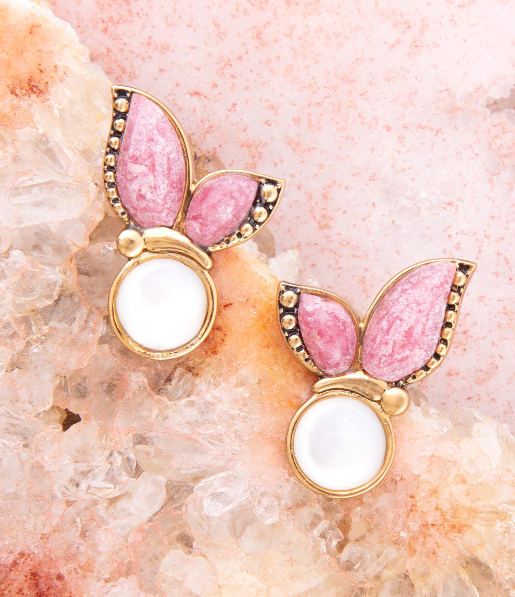 Pink Rhodonite and White Mother of Pearl Golden Butterflies Post Earrings