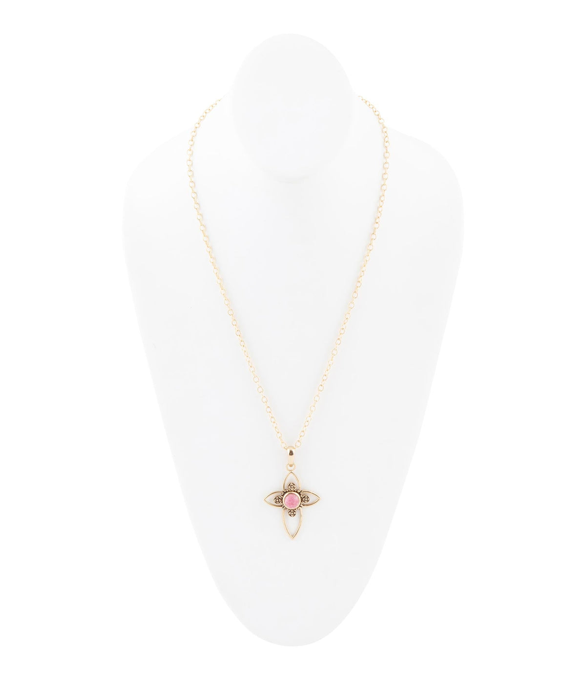 Pink Rhodonite Golden Cross Pendant Necklace