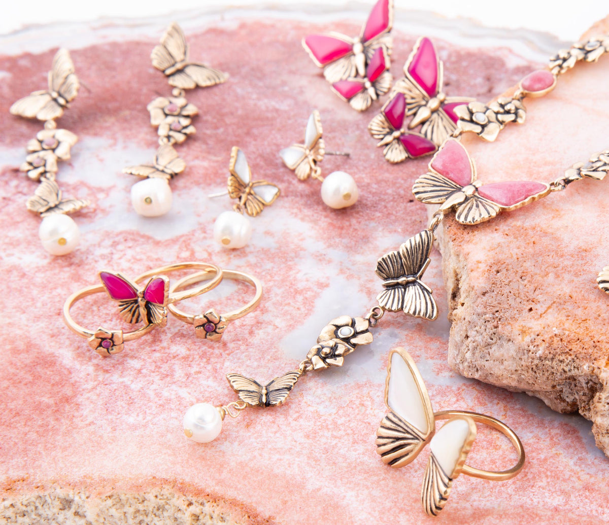 Rhodonite and White Pearl Golden Butterflies Post Drop Earrings