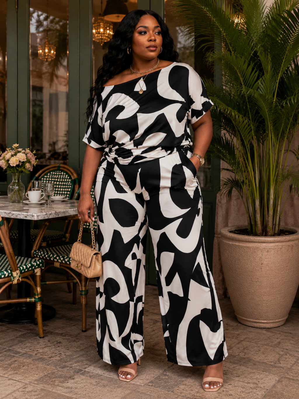 Lori Print Black and White Matching Plus Size Pants Set With Pockets