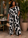 Lori Print Black and White Matching Plus Size Pants Set With Pockets