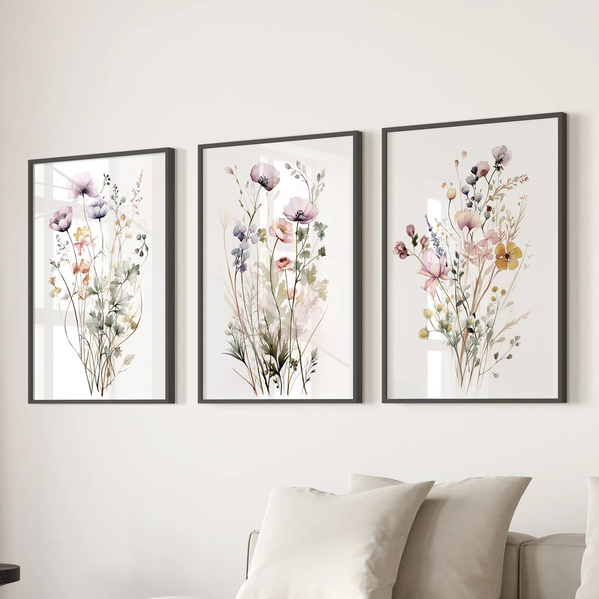 Floral Watercolor Wall Decor. Elegant Garden Set of 3 Prints