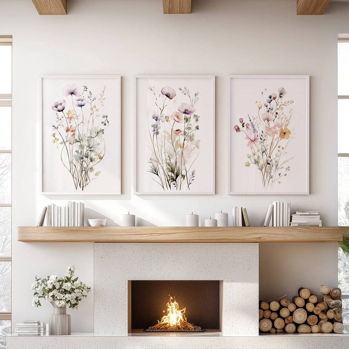 Floral Watercolor Wall Decor. Elegant Garden Set of 3 Prints
