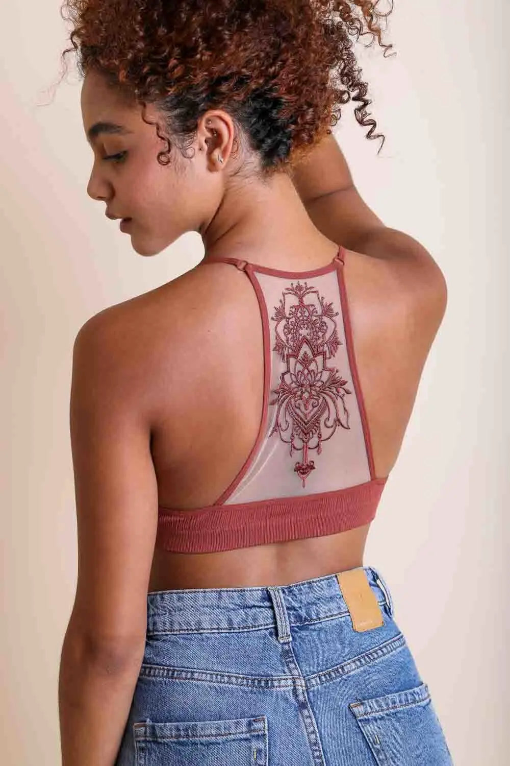 Tattoo Back Bralette – Embroidered Mesh Racerback Style