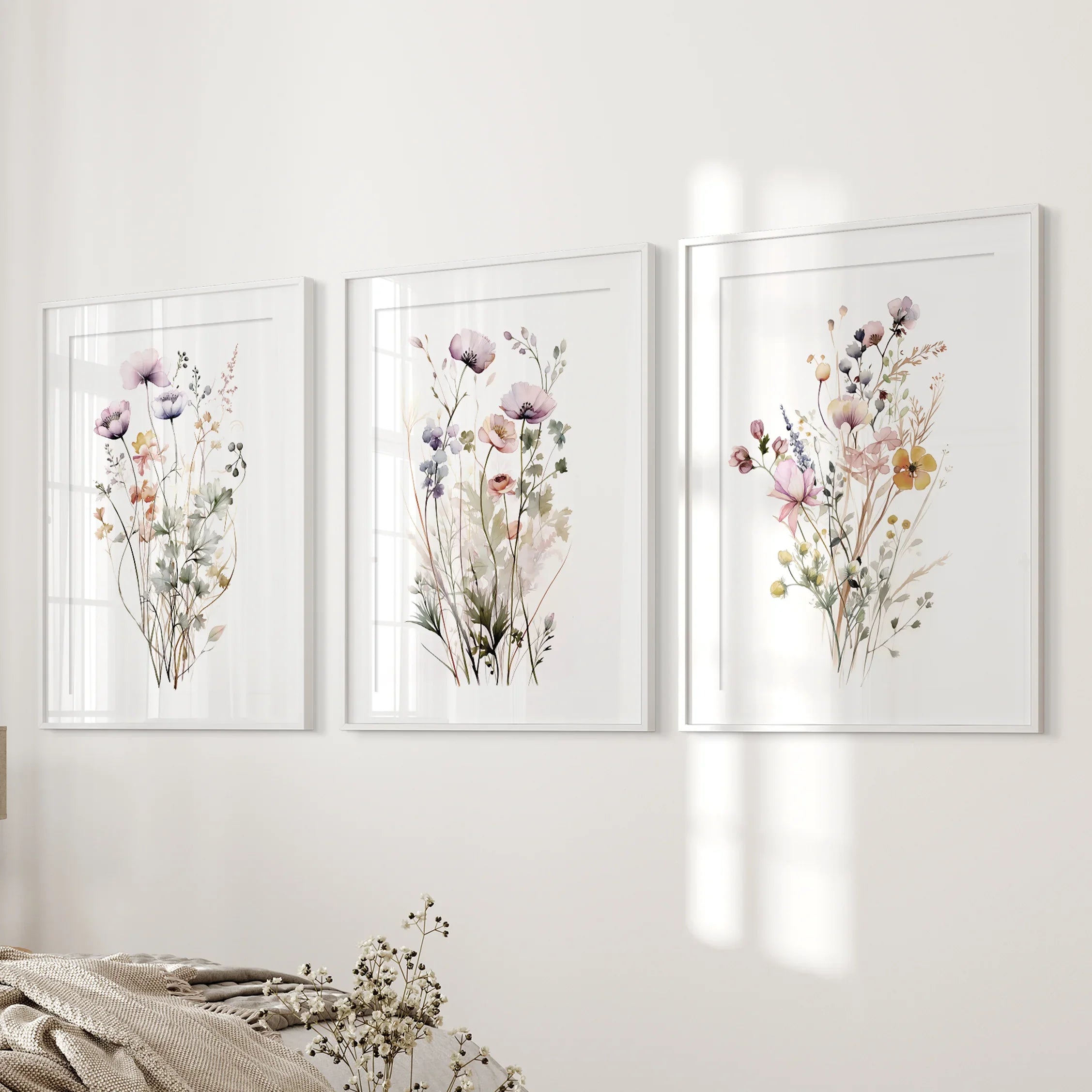 Floral Watercolor Wall Decor. Elegant Garden Set of 3 Prints